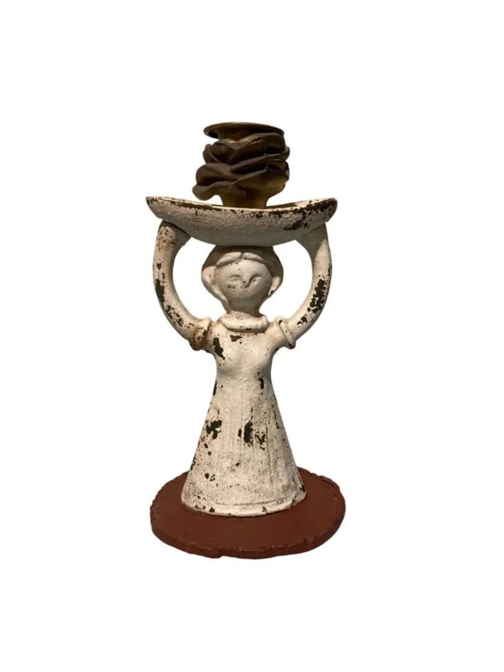 Old Chippy Rusty Cast Iron Scandinavian Style Candle Holder Girl With Basket